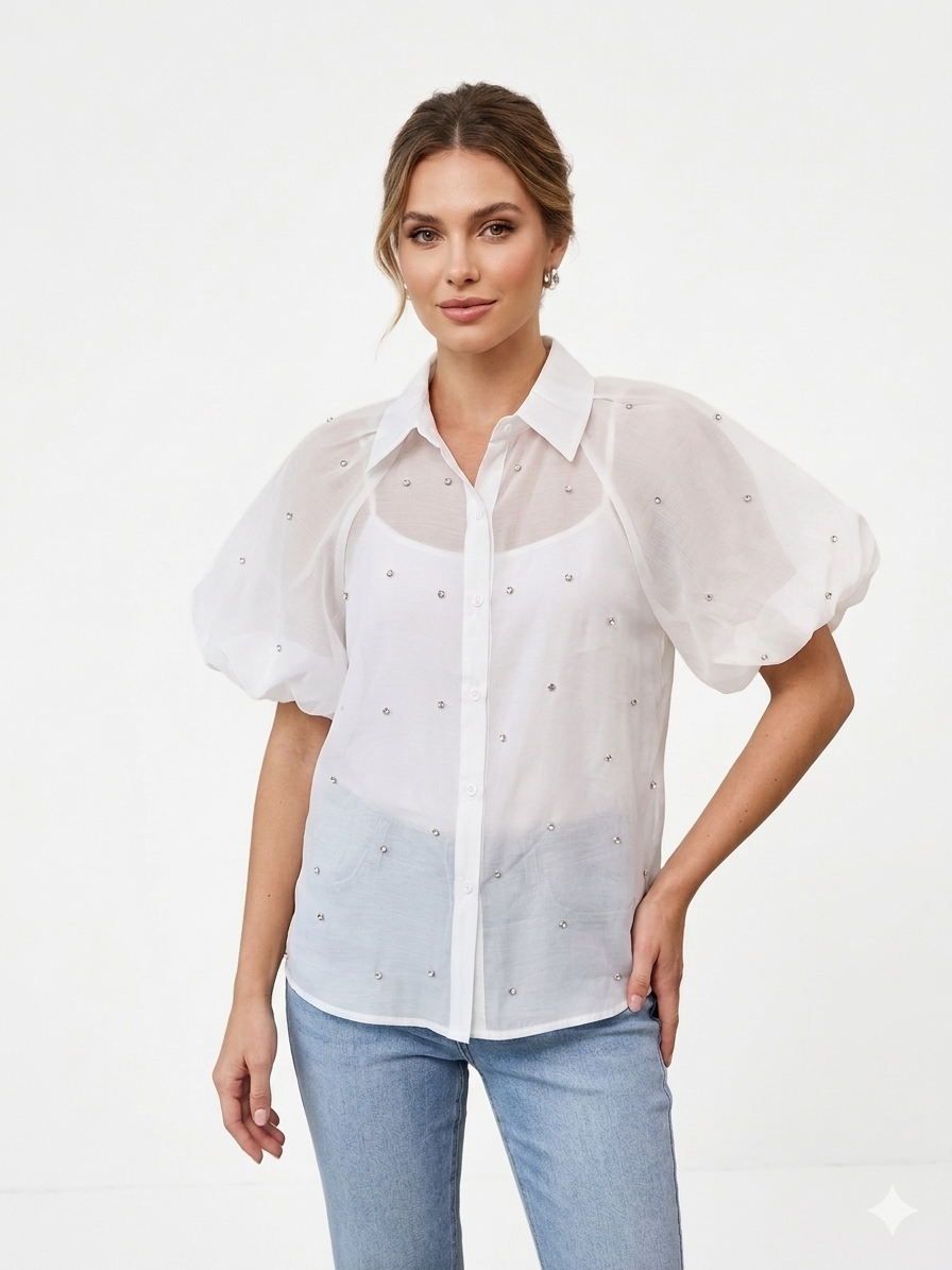 White Organza Balloon-Sleeve πουκάμισο